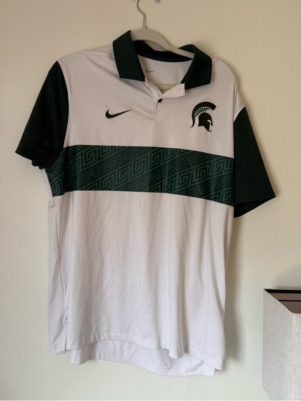 Nike Men’s MSU White & Dark Green Polo with Spartan Logo